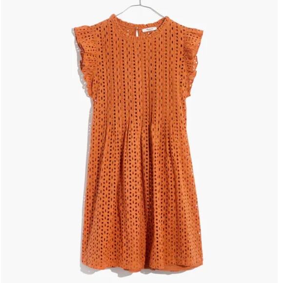 Madewell Dresses & Skirts - MADEWELL | Eyelet Ruffle-Sleeve Pintuck Mini Dress Orange Mulled Cider | Medium